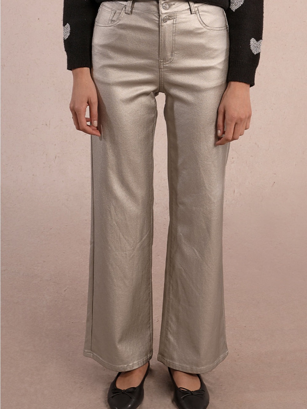 Silver Metallic Wide-Leg Jeans for Women